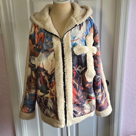 Shearling Hooded Coat The Shop Size Large Religious With Removable Snap On Cross - Picture 1 of 10